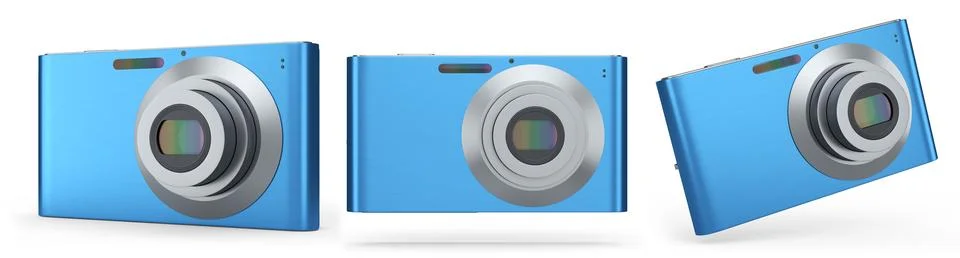 Set of compact pocket digital camera for summer holidays on white background. Illustrazione stock