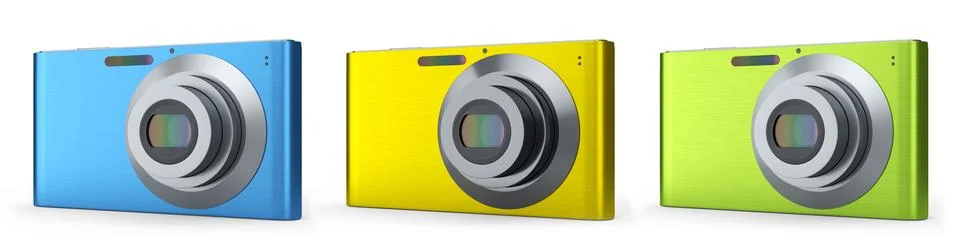 Set of compact pocket digital camera for summer holidays on white background. Illustrazione stock