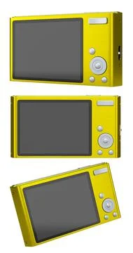 Set of compact pocket digital camera for summer holidays on white background. Illustrazione stock