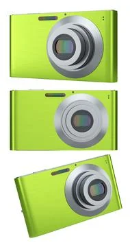 Set of compact pocket digital camera for summer holidays on white background. Illustrazione stock