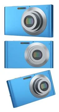 Set of compact pocket digital camera for summer holidays on white background. Illustrazione stock
