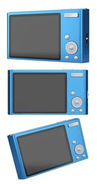 Set of compact pocket digital camera for summer holidays on white background. Illustrazione stock