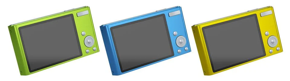 Set of compact pocket digital camera for summer holidays on white background. Stock Illustration