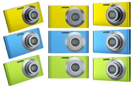 Set of compact pocket digital camera for summer holidays on white background. 스톡 일러스트