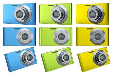 Set of compact pocket digital camera for summer holidays on white background. 스톡 일러스트