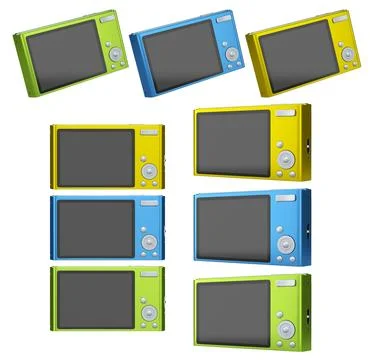 Set of compact pocket digital camera for summer holidays on white background. Stock Illustration