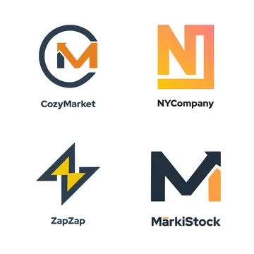 Set of Company Logos Template, Including NY Letter, M Letter, and Thunder Icon Stock Illustration