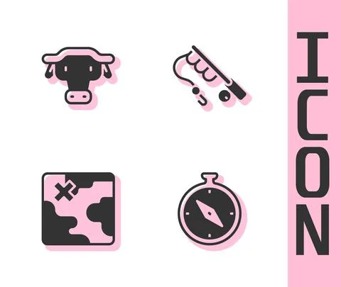 Set Compass, African buffalo head, safari map and Fishing rod icon. Vector 스톡 일러스트