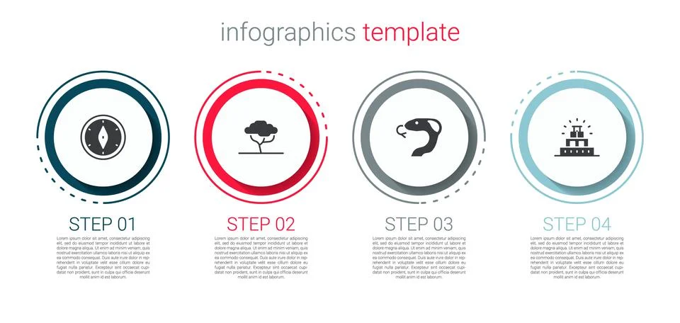 Set Compass, African tree, Snake and Chichen Itza in Mayan. Business infographic Illustrazione stock