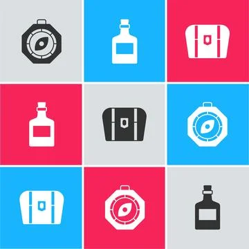 Set Compass, Alcohol drink Rum and Antique treasure chest icon. Vector Stock Illustration