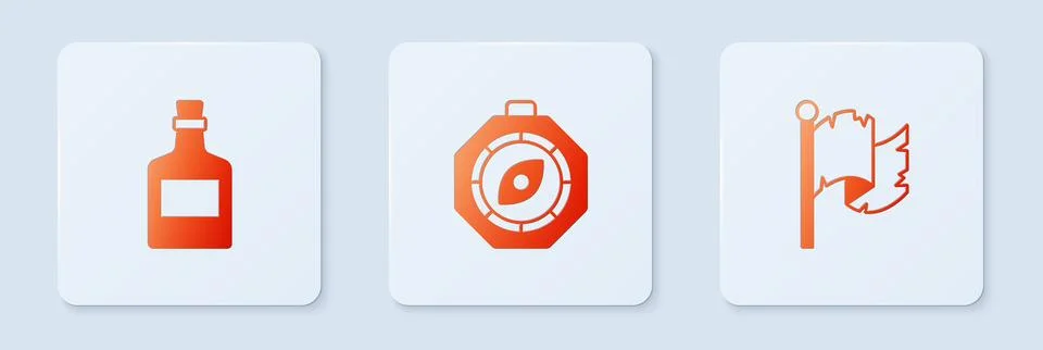 Set Compass, Alcohol drink Rum and Pirate flag. White square button. Vector Stock Illustration