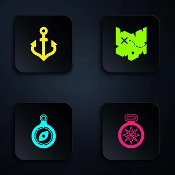 Set Compass, Anchor,  and Pirate treasure map. Black square button. Vector 스톡 일러스트