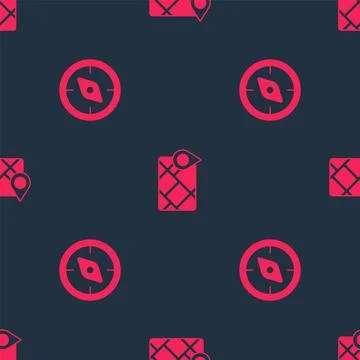 Set Compass and Gps device with map on seamless pattern. Vector Illustrazione stock