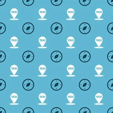 Set Compass and Map pointer with taxi on seamless pattern. Vector Illustrazione stock