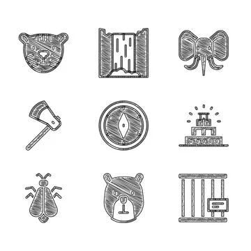 Set Compass, Bear head, Animal cage, Chichen Itza in Mayan, Mosquito, Wooden axe Stock Illustration