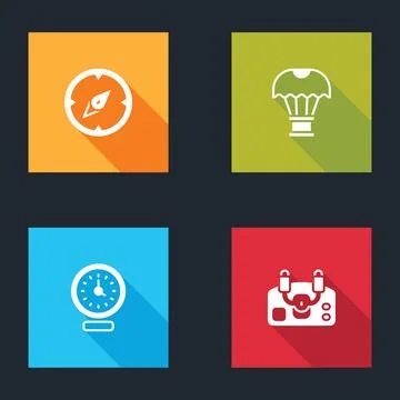 Set Compass, Box flying on parachute, Clock and Aircraft steering helm icon.. Stock Illustration