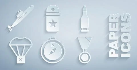 Set Compass, Bullet, Box flying on parachute, Military reward medal, Chevron and Illustrazione stock