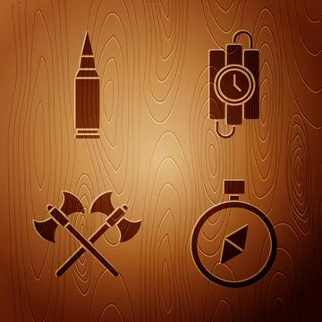 Set Compass, Bullet, Crossed medieval axes and dynamite stick and timer clock on Stock Illustration