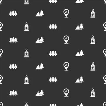 Set Compass, Camping lantern, Forest and Mountains with tree on seamless pattern Stockillustratie