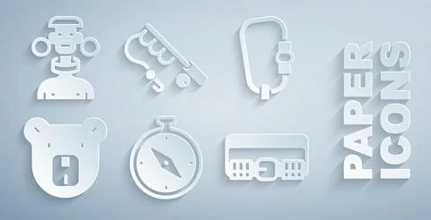 Set Compass, Carabiner, Bear head, Hunting cartridge belt, Fishing rod and Af Illustration