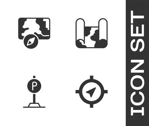 Set Compass, City map navigation, Parking and Folded icon. Vector 스톡 일러스트