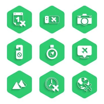 Set Compass, Clock with airplane, Globe flying, Speech bubble, Egypt pyramids Stock Illustration