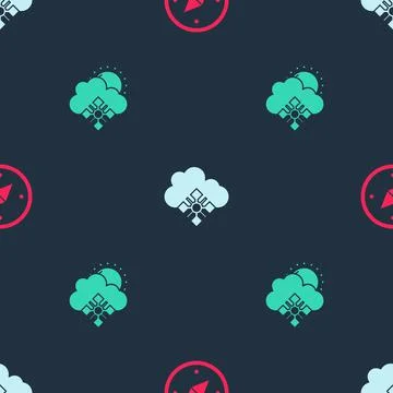 Set Compass, Cloud with snow and and sun on seamless pattern. Vector Stock Illustration