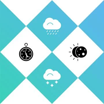Set Compass, Cloud with snow, rain and Eclipse of the sun icon. Vector Stock Illustration