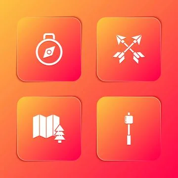 Set Compass, Crossed arrows, Location of the forest and Marshmallow stick icon Stock Illustration
