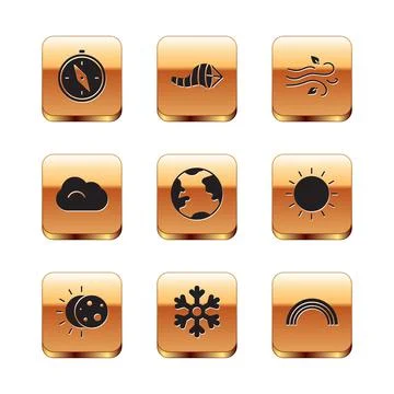 Set Compass, Eclipse of the sun, Snowflake, Earth globe, Cloud, Wind, Rainbow Ilustração Stock