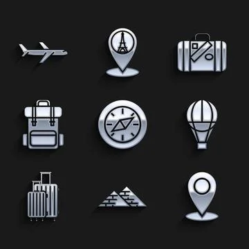 Set Compass, Egypt pyramids, Map pin, Hot air balloon, Suitcase for travel, H Stock Illustration