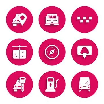 Set Compass, Electric car charging station, Tram and railway, Map pointer with Stock Illustration