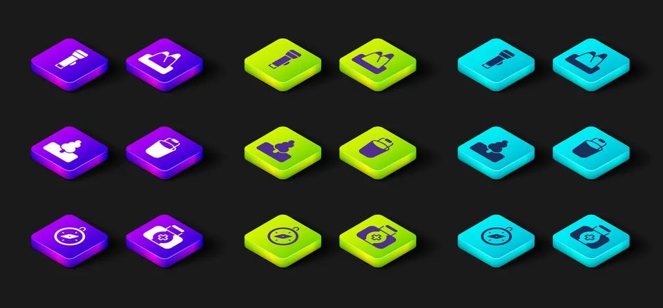 Set Compass, First aid kit, Tree, Bucket, Mountains and Flashlight icon. Vector Stock Illustration