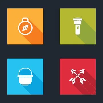 Set Compass, Flashlight, Camping pot and Crossed arrows icon. Vector Stockillustratie