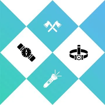 Set Compass, Flashlight, Crossed wooden axe and Head flashlight icon. Vector Stock Illustration