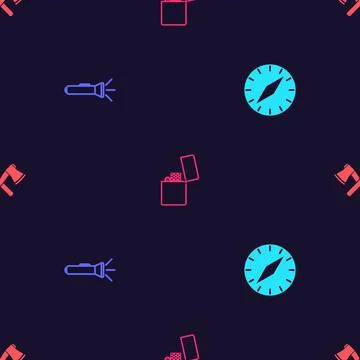 Set Compass, Flashlight, Lighter and Crossed wooden axe on seamless pattern イラスト素材