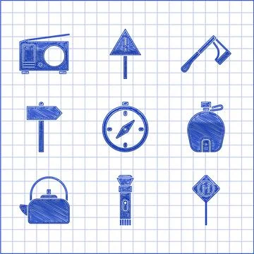 Set Compass, Flashlight, Parking, Canteen water bottle, Kettle with handle, Road Illustration