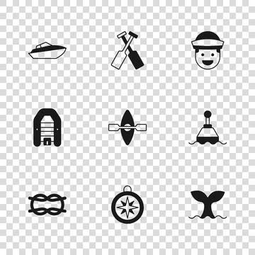 Set Compass, Floating buoy, Whale tail, Kayak and paddle, Sailor, Speedboat.. Illustration