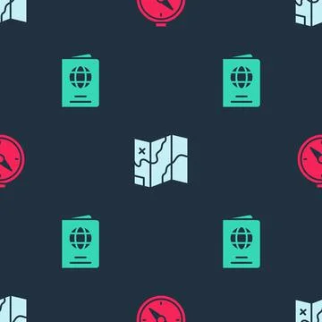 Set Compass, Folded map and Passport on seamless pattern. Vector Stock Illustration