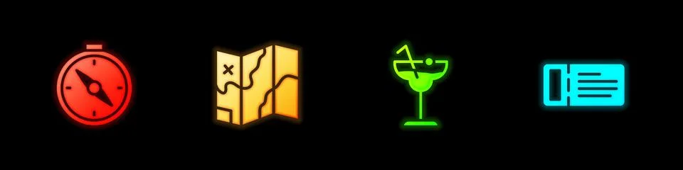 Set Compass, Folded map, Cocktail and Cruise ticket icon. Vector Stock Illustration