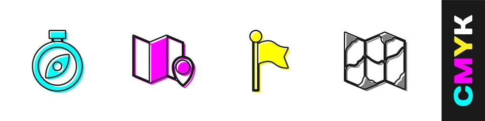 Set Compass, Folded map with location marker, Location and icon. Vector 스톡 일러스트