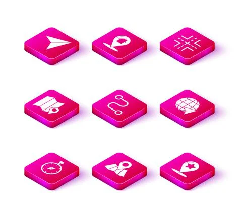 Set Compass, Folded map with location marker, Route, Map pointer star, Location Stock Illustration