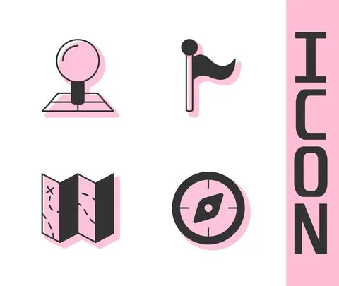 Set Compass, Folded map with location marker, and Flag icon. Vector 스톡 일러스트