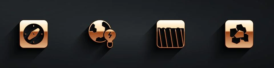 Set Compass, Global planet with bulb, Ground and Gold nugget icon with long Stock Illustration