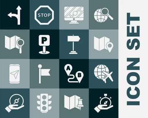 Set Compass, Globe with flying plane, Folded map location marker, Monitor Illustrazione stock