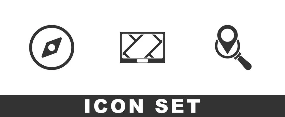 Set Compass, Gps device with map and Search location icon. Vector Stock Illustration