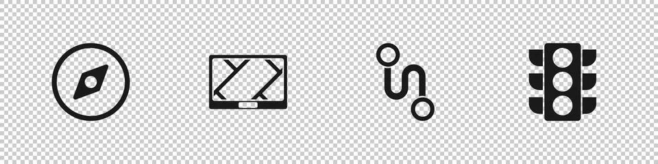 Set Compass, Gps device with map, Route location and Traffic light icon. Vector Stock Illustration