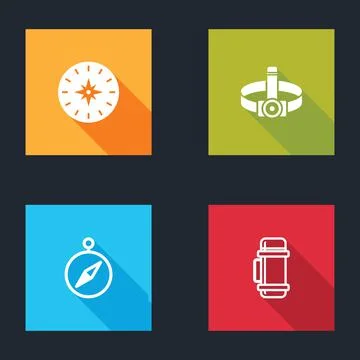 Set Compass, Head flashlight, and Thermos container icon. Vector Stock Illustration