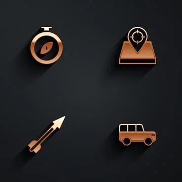 Set Compass, Hunt place, Medieval arrow and Safari car icon with long shadow Stock Illustration