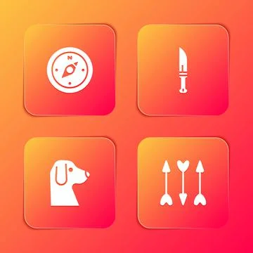 Set Compass, Hunter knife, Dog and Hipster arrows icon. Vector Stockillustratie